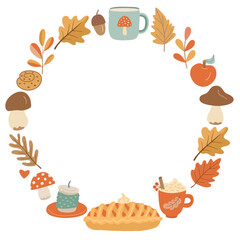 Hand drawn autumn wreath with a pie, coffee mug, cookies, mushrooms, and fall leaves. Ideal for seasonal greeting cards, cozy invitations, or autumn themed designs with editable space