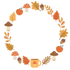 Hand drawn autumn wreath with mushrooms, leaves, apples, acorns, and a cozy mug. Ideal for seasonal greeting cards, invitations, and fall-themed designs with space for text
