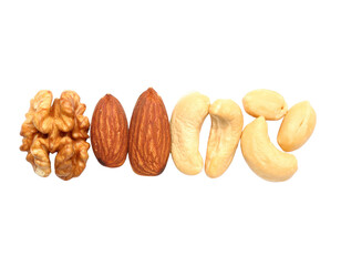 A row of assorted nuts isolated on transparent background