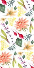 Watercolor Floral Pattern with Delicate Flowers and Botanical Elements on White