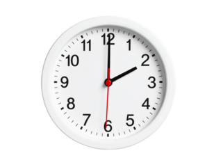 A white clock showing two oclock isolated on transparent background