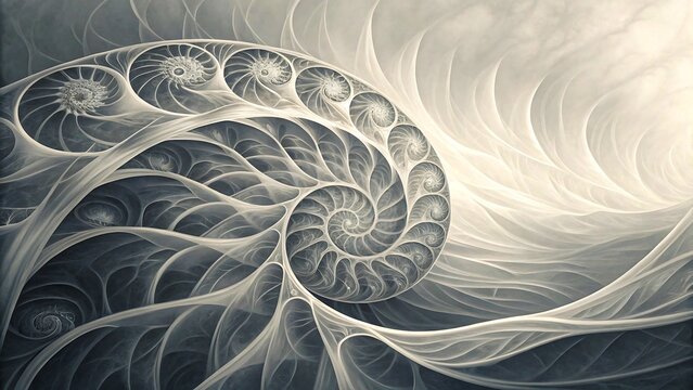 Monochromatic fractal spiral with intricate swirling pattern and shell-like symmetry