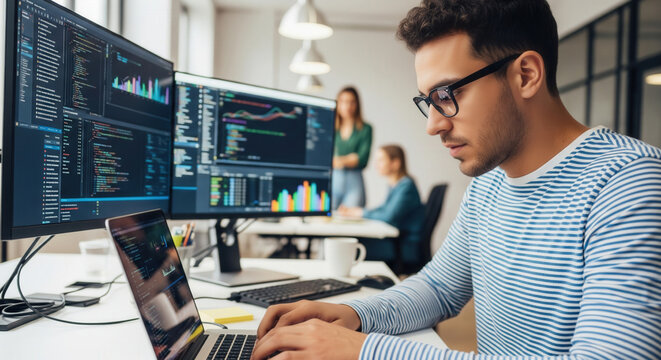 Focused developer coding software in modern office