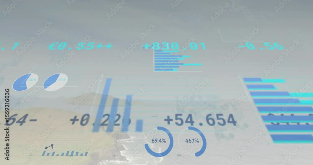 Poster upon fading in, ar dashboard animating charts and readouts visualizing metrics over calm coastline