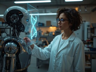 Scientist and AI Robot Analyze DNA