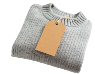 A folded gray sweater with a tag isolated on transparent background