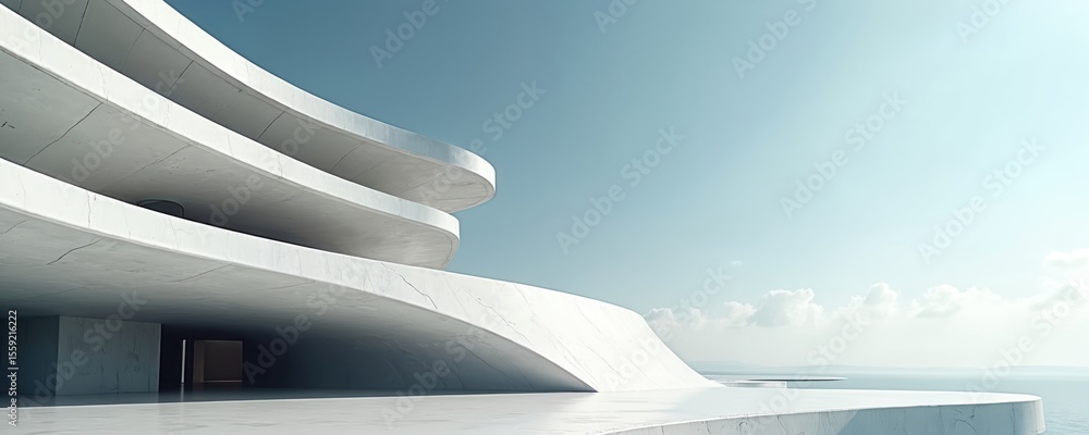 Poster modern minimalist architecture building with cement curved details against abstract sky background. 