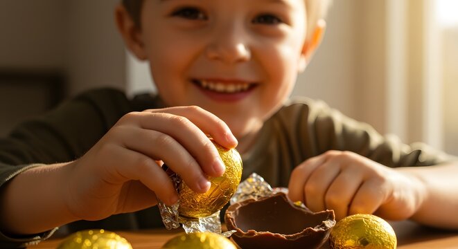 Boy opening his chocolate easter eggs