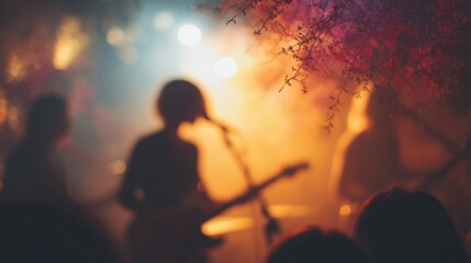 Blurred Band Performance with Stage Lighting and Branch Overlay