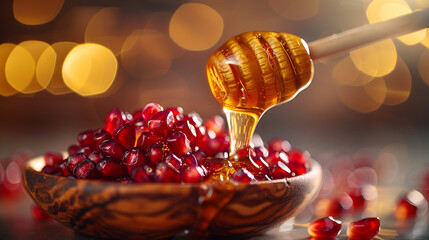 Honey dripping on pomegranate seeds in festive warm lighting