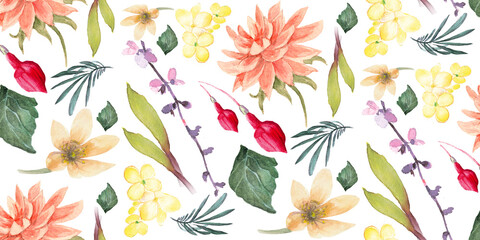 Watercolor floral collage with vibrant dahlias and delicate botanical elements