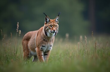 Fototapeta premium Eurasian lynx stands proudly in green meadow. Wild cat mammal with tufted ears hunts in nature. Wild animal in natural habitat at morning time in Finland.