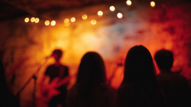 Blurred Musician on Stage with Audience Silhouettes and String Lights