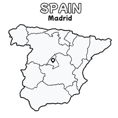 Obraz premium Outline of the Spain Map with State Boundaries with name and capital city for Educational Purposes and Planning in transparent and vector 