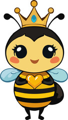 Cute Queen Bee Character Holding a Yellow Heart – Adorable Vector Illustration with Crown and Wings