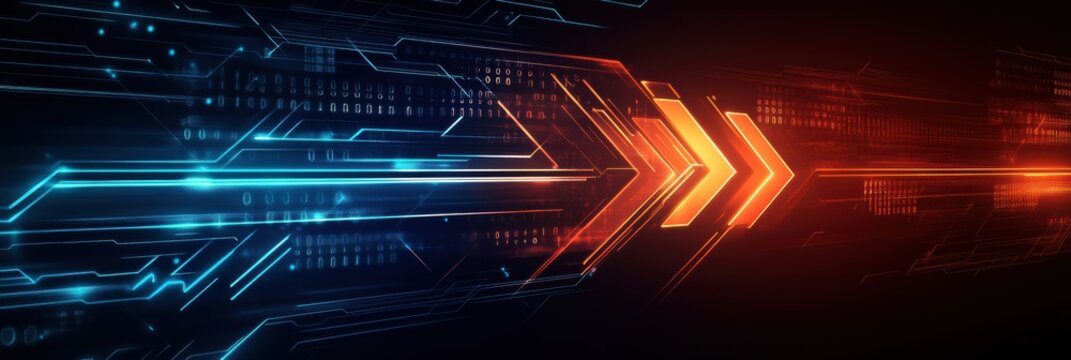 Dynamic abstract tech background featuring upward arrow design with vibrant blue and orange tones