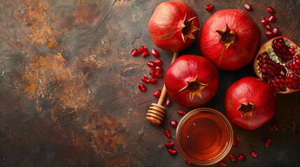 Whole and cut pomegranates with honey dipper on rustic background
