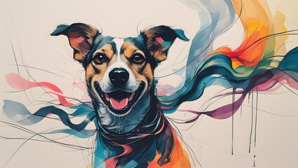 A cheerful dog made of various colorful strokes of paint flowing