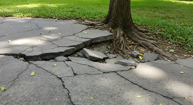 A fractured pavement slab heaved by root growth