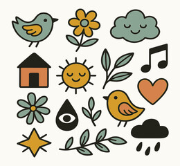 Cute Hand-Drawn Nature Icon Set - Birds, Flowers, Clouds, and Sun Illustrations