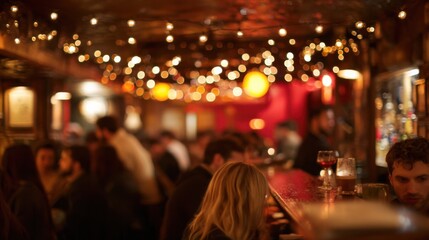 Patrons at Bar Counter with String Lights