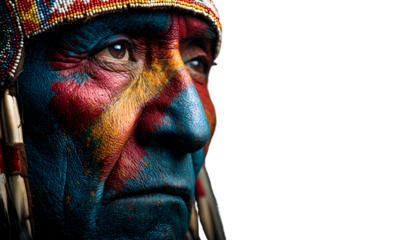 Native American Indian. Close up of colorful dressed native man isolated on black background.