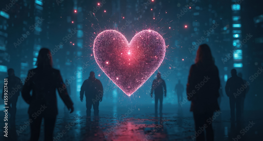 Aufkleber Digital heart with AI code patterns symbolizing tech emotion, modern world. Futuristic background features silhouettes, futuristic city. Innovative tech love, cyber connection.