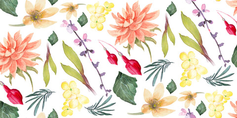 Watercolor Floral Pattern with Delicate Flowers and Foliage in Soft Pastel Hues