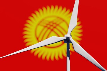 Wind turbine on a background of blurred flag of Kyrgyzstan. Wind power concept, selective focus