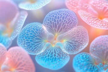 Fototapeta premium Delicate, translucent flowers in shades of blue and pink, resembling a network of veins, showcase their ethereal beauty.
