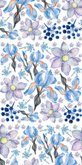 Elegant floral pattern with watercolor blue iris and daisy blossom display