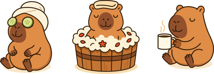 Vector illustration of a kawaii capybara having a spa day with cucumber mask, bubble bath, and hot tea. Perfect for self-care, relaxation, and wellness-themed designs.
