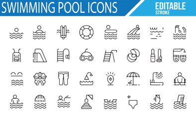 Poolside and Water Sports Icons for Swimming, Diving, and Relaxation