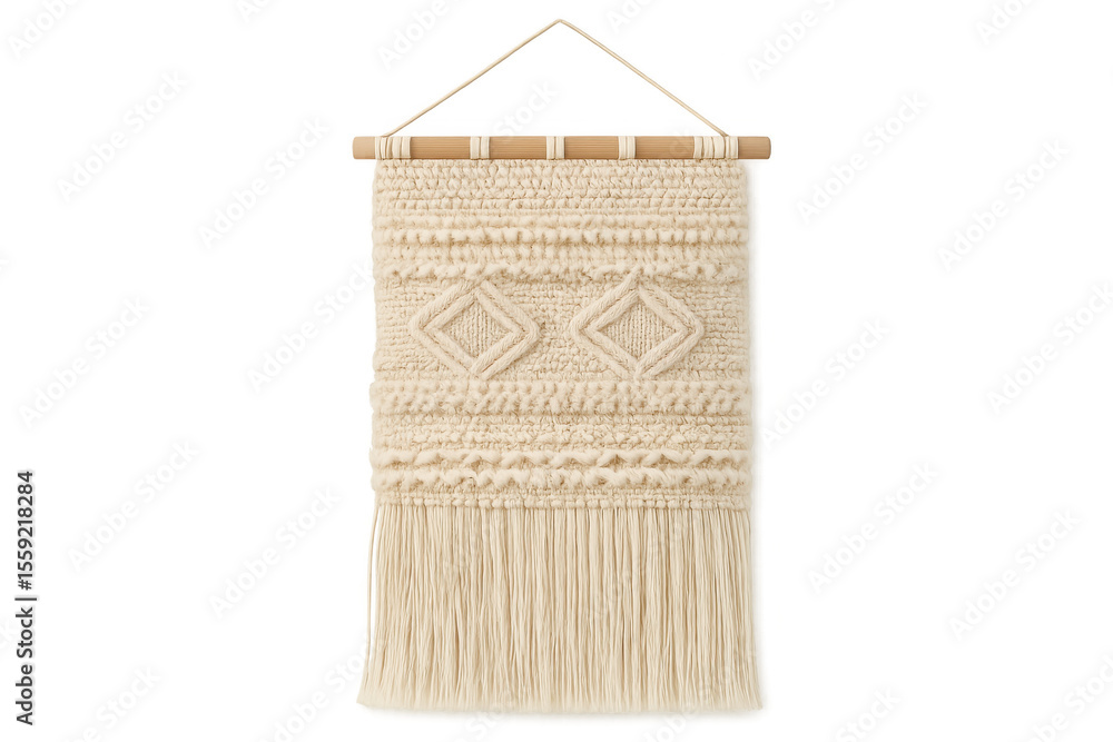 Poster macrame wall hanging with geometric diamond pattern and fringes, isolated on transparent background,