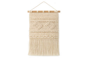 Macrame wall hanging with geometric diamond pattern and fringes, isolated on transparent background, adding a touch of bohemian style to interior design