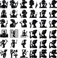 Cosmetic Routine Vector Silhouettes – Woman Applying Makeup Icons Woman Doing Makeup Silhouette Set – Beauty and Fashion Icon Pack