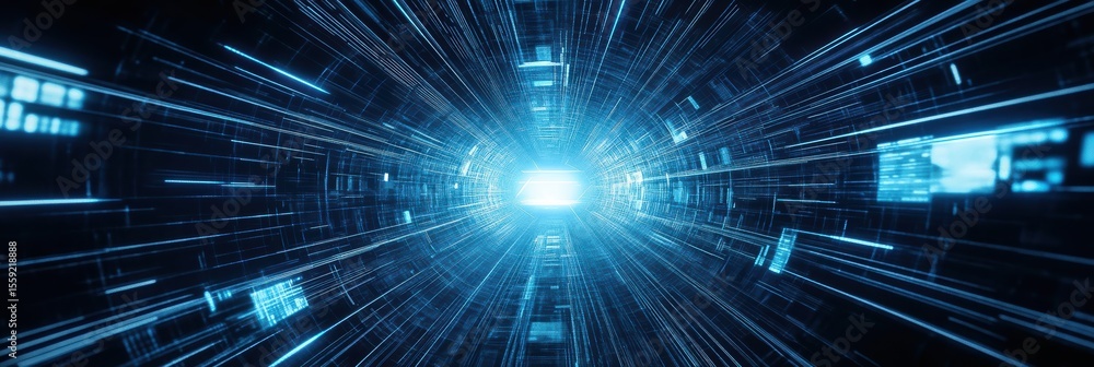 Poster dynamic blue light rays create a sense of depth and motion in futuristic design