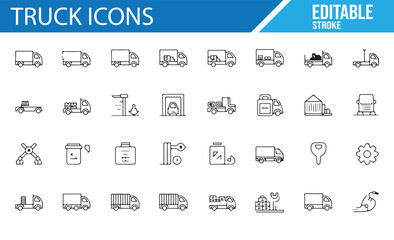 A collection of truck and logistics-related icons, featuring various types of trucks, delivery, cargo, transportation, and vehicle maintenance, perfect for logistics, shipping, and transportation indu