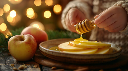 Child pouring honey over apple slices for Rosh Hashanah celebration