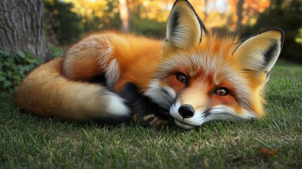 A relaxed red fox resting in autumnal grass