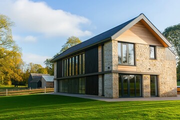 Fototapeta premium A contemporary house made of stone and wood is nestled in a tranquil setting, surrounded by the bright colors of autumn foliage beneath a pristine blue sky