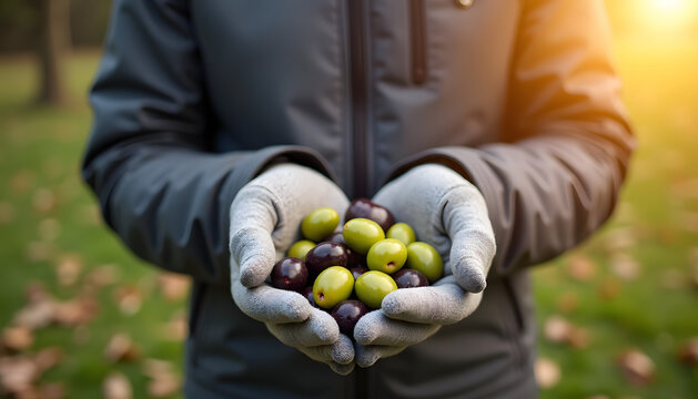 A person's gloved hands cradle a mix of green and purple olives