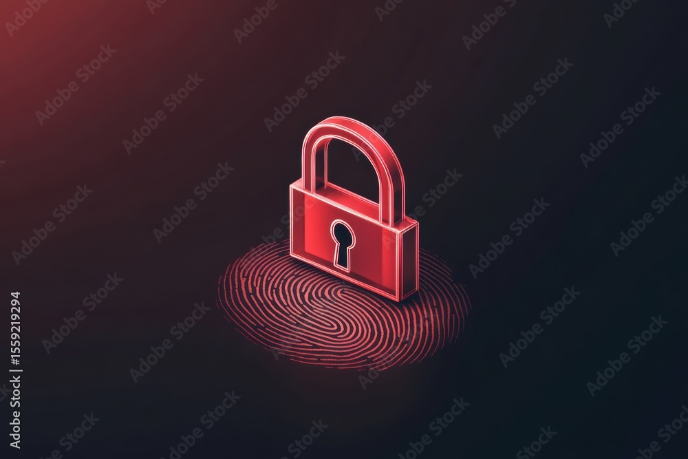 Poster graphic layout showcasing a red padlock on a fingerprint background for security themes