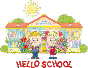 Greeting card with happy little schoolboy and schoolgirl with schoolbags and flowers going to their pretty school on the first of September, vector cartoon illustration on a white background