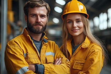 Workers in safety gear standing confidently in an industrial workshop environment