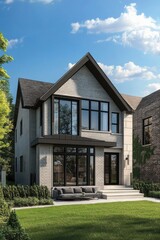 Modern home exterior with large windows, landscaped garden, and inviting patio on a sunny day showcasing contemporary architecture and design