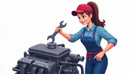 Obraz premium Illustration shows woman mechanic repairing car engine with hand tool. Lady in uniform and cap fixes engine. Automotive service, maintenance, car repair, garage, industry, occupation concept.