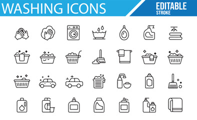 Household Washing and Laundry Icons Set for Home Care and Cleaning