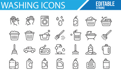 Laundry and Cleaning Service Icons with Detergent, Washer, and Towel Illustrations


