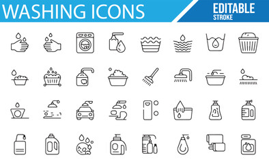 Home Care and Cleaning Icons Featuring Laundry, Washing Machine, and Tools